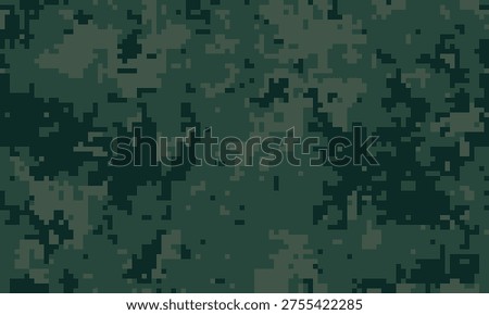 Abstract digital camouflage pattern in dark green tones. Ideal for backgrounds, textures, military themes, or designs requiring a sense of concealment and mystery.