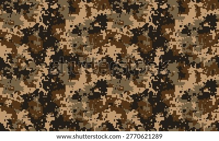 Abstract digital camouflage pattern in earthy tones.  Perfect for backgrounds, textiles, or militarythemed designs.  Represents concealment, strategy, and adaptability.