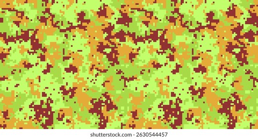 Abstract digital camouflage pattern in lime green, orange, and maroon.  Perfect for backgrounds, textiles, or militarythemed designs.