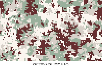 Abstract digital camouflage pattern in muted greens, whites, and maroon. Perfect for backgrounds, textiles, or militarythemed designs.