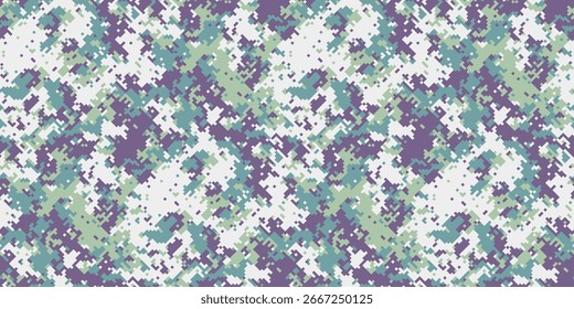 Padrão de camuflagem digital abstrato em tons de pastel silenciado de roxo, azul-petróleo e verde.  Perfeito para moda, design têxtil, ou como um fundo na moda.