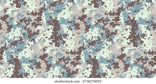 Padrão de camuflagem digital abstrato em azuis silenciados, castanhos e cremes.  Perfeito para fundos, têxteis, ou projetos militares temáticos.  Esta textura sem costura oferece uma estética moderna e versátil.