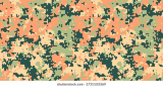 Abstractas patrón de camuflaje digital en melocotón apagado, verde y verde azulado oscuro. Perfecto para fondos, textiles o diseños de temática militar.  La textura pixelada añade un toque moderno y moderno.