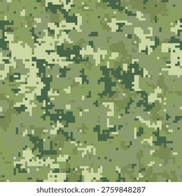 Abstract digital camouflage pattern in muted greens and beige. Ideal for backgrounds, textiles, or militarythemed designs.  The pixelated texture creates a sense of concealment and strategic blending.