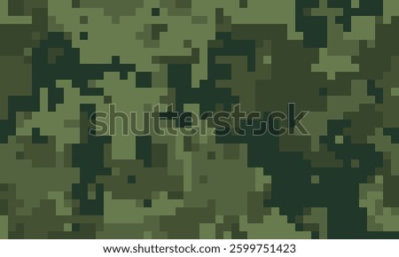 Abstract digital camouflage pattern in muted greens and dark olive shades. Perfect for backgrounds, textures, or militarythemed designs.  Evokes a sense of secrecy and strategic concealment.
