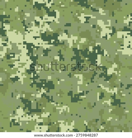 Abstract digital camouflage pattern in muted greens and beige. Ideal for backgrounds, textiles, or militarythemed designs.  The pixelated texture creates a sense of concealment and strategic blending.
