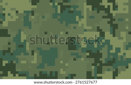 Abstract digital camouflage pattern in muted greens and dark olive tones.  Perfect for backgrounds, textures, militarythemed designs, or representing concepts of concealment and strategy.