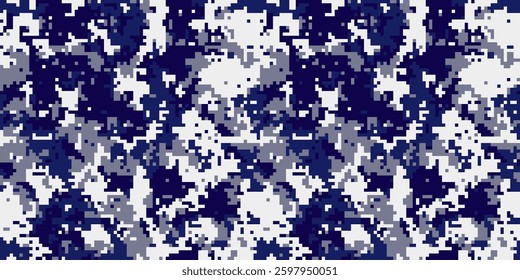 Abstract digital camouflage pattern in navy blue, white, and gray.  Perfect for backgrounds, textiles, and militarythemed designs.  The pixelated texture creates a modern, edgy aesthetic.