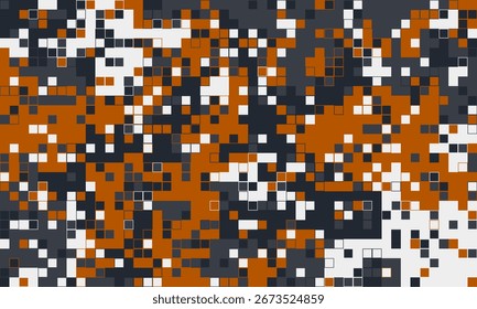 Abstract digital camouflage pattern in orange, grey, and white.  Perfect for tech, gaming, or militaryinspired designs.  Modern, pixelated texture creates a sense of energy and movement.