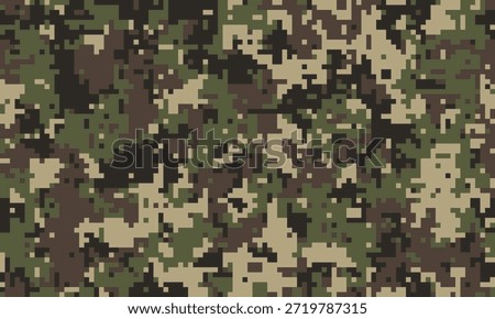 Abstract digital camouflage pattern.  Perfect for backgrounds, textures, or militarythemed designs.  Versatile, pixelated style evokes strength and concealment.
