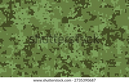 Abstract digital camouflage pattern.  Perfect for backgrounds, textiles, or militarythemed designs.  Versatile, pixelated texture in muted greens creates a sense of concealment and mystery.