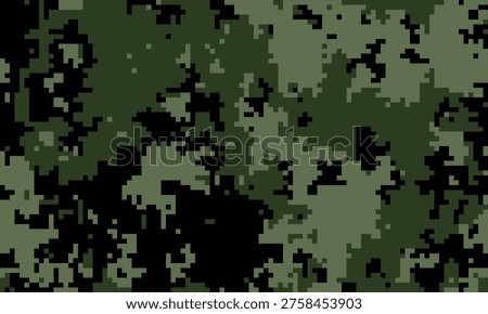 Abstract digital camouflage pattern.  Perfect for backgrounds, textures, or militarythemed designs.  Dark green and black pixelated design evokes a sense of mystery and concealment.