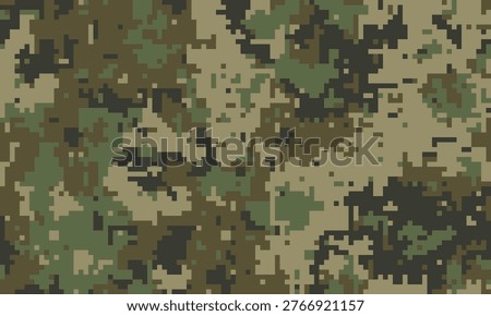 Abstract digital camouflage pattern.  Perfect for backgrounds, textiles, or militarythemed designs.  Earthy tones blend seamlessly, creating a sense of concealment and mystery.