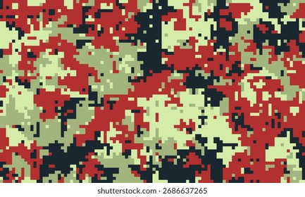 Abstract digital camouflage pattern in red, green, and black. Ideal for backgrounds, textiles, and militarythemed designs.  The pixelated texture creates a modern, bold aesthetic.