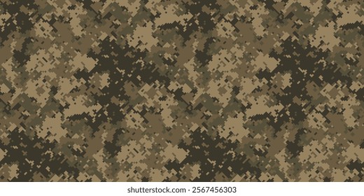 Abstract digital camouflage pattern. Seamless pixelated texture in earth tones. Ideal for military, hunting, fashion, and gaming designs. Versatile background for websites, prints, and apparel.