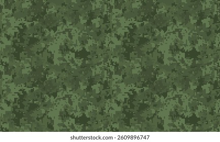 Abstract digital camouflage pattern. Seamless texture of mottled greens and grays, ideal for backgrounds, website design, or militarythemed projects.