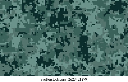Abstract digital camouflage pattern.  Seamless pixelated texture in muted greens and blacks. Ideal for backgrounds, military themes, or tech designs.