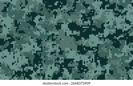 Abstract digital camouflage pattern. Seamless texture in dark teal and green shades. Ideal for military, gaming, fashion, or textile design backgrounds, creating a sense of mystery and concealment.