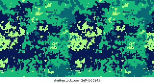 Abstract digital camouflage pattern.  Seamless teal, green, and dark blue pixelated texture. Ideal for backgrounds, textiles, gaming, military or naturethemed designs.