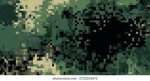 Padrão de camuflagem digital abstrato. Textura sem costura em verdes e beges mudos. Ideal para fundos, design têxtil, temas militares ou exteriores. Sugere ocultação, estratégia e natureza.
