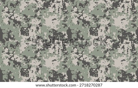 Abstract digital camouflage pattern. Seamless texture in muted greens and greys. Ideal for military, fashion, or gaming design projects.  Represents concealment, strategy, and blending in.