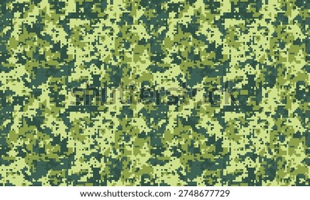 Abstract digital camouflage pattern. Seamless texture in shades of green and beige. Ideal for backgrounds, textile design, militarythemed projects, and creating a sense of concealment or mystery.