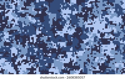 Abstract digital camouflage pattern in shades of blue.  Perfect for backgrounds, textiles, or militarythemed designs.  A versatile, pixelated texture conveying concealment and mystery.