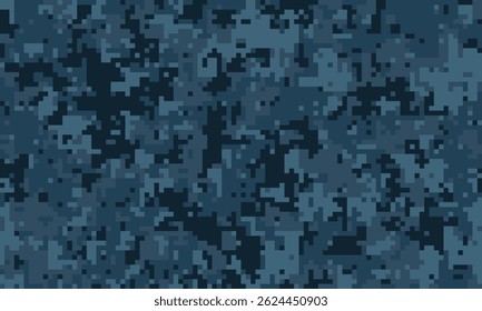 Abstract digital camouflage pattern in shades of blue. Ideal for backgrounds, textures, or design elements needing a modern, tactical, or stealthy aesthetic.