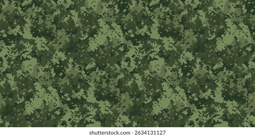Abstract digital camouflage pattern in shades of green. Ideal for backgrounds, militarythemed designs, or projects needing a textured, concealing aesthetic.  Perfect for websites, apparel, or print.