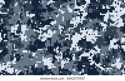 Abstract digital camouflage pattern in shades of blue and grey.  Ideal for backgrounds, textiles, or militarythemed designs.  The pixelated texture evokes a sense of mystery and concealment.
