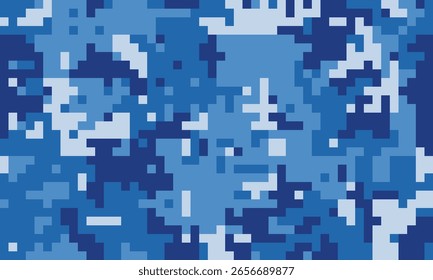 Abstract digital camouflage pattern in shades of blue.  Perfect for backgrounds, textiles, or techthemed designs.  Modern, pixelated style evokes a sense of mystery and concealment.