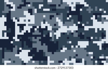 Padrão de camuflagem digital abstrato em tons de azul e cinza.  Perfeito para fundos, têxteis, ou projetos militares temáticos.