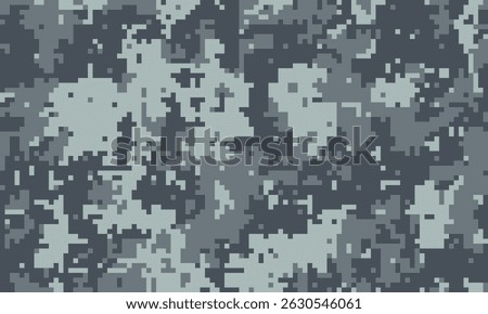 Abstract digital camouflage pattern in shades of grey.  Perfect for backgrounds, textiles, or militarythemed designs.  The pixelated texture adds a modern, technological feel.