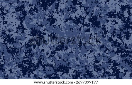 Abstract digital camouflage pattern in shades of blue.  Perfect for backgrounds, textiles, or militarythemed designs. This textured, pixelated design evokes a sense of mystery and concealment.