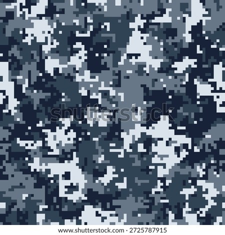 Abstract digital camouflage pattern in shades of blue and gray. Perfect for backgrounds, textiles, or militarythemed designs.  Evokes feelings of concealment, strategy, and modern technology.