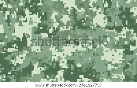 Abstract digital camouflage pattern in shades of green. Perfect for backgrounds, textiles, or militarythemed designs.  This pixelated texture evokes a sense of concealment and strategy.