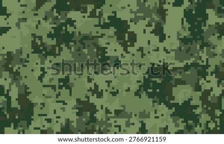 Abstract digital camouflage pattern in shades of green. Perfect for backgrounds, textures, militarythemed designs, or creating a sense of concealment and mystery.