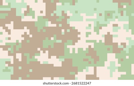 Padrão de camuflagem digital abstrato em verdes macios, bege e esbranquiçado. Ideal para fundos, têxteis ou projetos de design modernos que precisam de uma textura pixelada sutil, mas elegante.