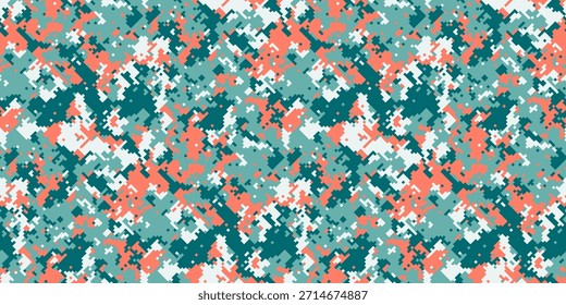 Abstraktes digitales Tarnmuster in Teal, Korallen und Weiß.  Perfekt für Mode, Textildesign oder moderne Hintergründe.  Die pixelige Textur bietet eine lebendige, zeitgemäße Ästhetik.