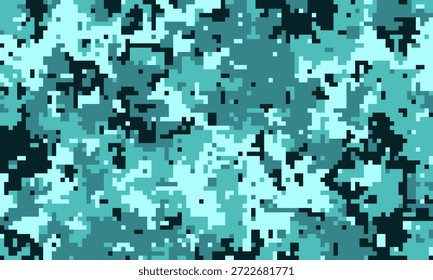 Padrão de camuflagem digital abstrato em azul-petróleo e preto.  Perfeito para fundos, têxteis ou projetos tecnológicos.  Sua textura pixelada oferece uma estética moderna e versátil.