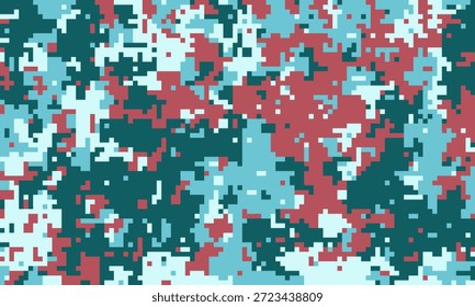 Abstractas patrón de camuflaje digital en verde azulado, rojo y blanco.  Perfecto para fondos, textiles o diseños modernos que necesitan un aspecto pixelado y texturizado.