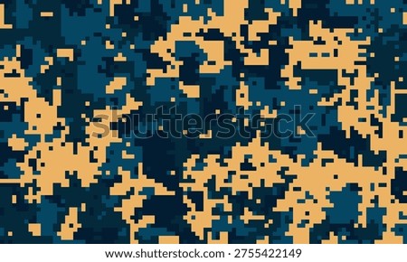 Abstract digital camouflage pattern in teal and beige.  Ideal for backgrounds, textiles, and militarythemed designs.  Pixelated texture evokes a sense of concealment and mystery.