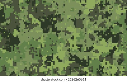 Abstract digital camouflage pattern.  Versatile green pixelated texture ideal for backgrounds, website design, militarythemed projects, or fashion prints.  Concealment, blending, and nature themes.