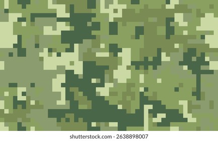 Abstract digital camouflage pattern.  Versatile pixelated texture in muted greens and beige tones. Ideal for backgrounds, textiles, militarythemed designs, and gaming assets.