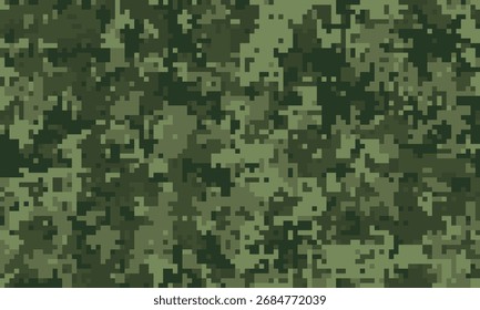 Abstract digital camouflage pattern.  Versatile green pixelated texture ideal for backgrounds, textiles, or militarythemed designs.  Concealment and protection concept.  Modern, geometric style.