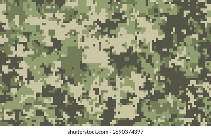 Abstract digital camouflage pattern.  Versatile green and beige pixelated texture ideal for backgrounds, website design, militarythemed projects, or fashion prints.