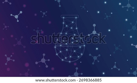 Abstract digital chemistry background featuring a glowing polygon flask with molecular patterns and soft gradient light, perfect for science, research, and innovation themes