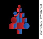 Abstract digital Christmas tree made of geometric shapes — circles and cubes, in red and blue color scheme on black background. 