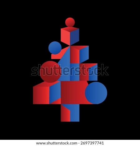 Abstract digital Christmas tree made of geometric shapes — circles and cubes, in red and blue color scheme on black background. 