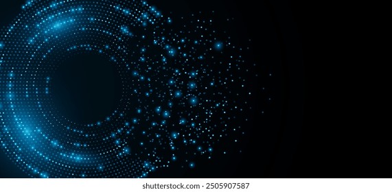 Abstract digital circles of blue glowing dots. Information particles in a neural network. Big data visualization into cyberspace. Futuristic background. Vector illustration.